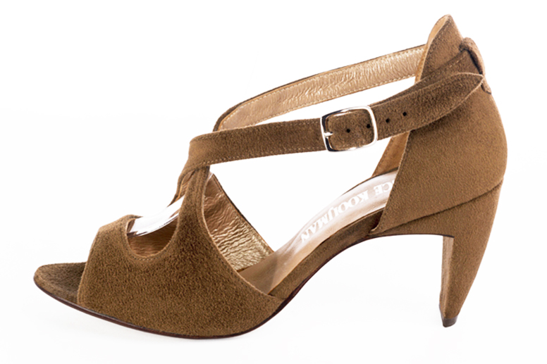 Caramel brown women's closed back sandals, with crossed straps. Round toe. High comma heels. Profile view - Florence KOOIJMAN